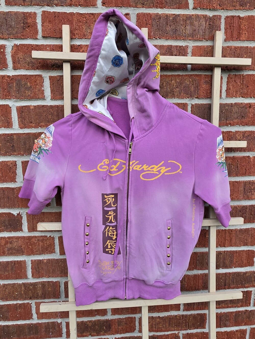 vintage Ed Hardy by Christian Audigier purple short-sleeve full-zip hoodie Med